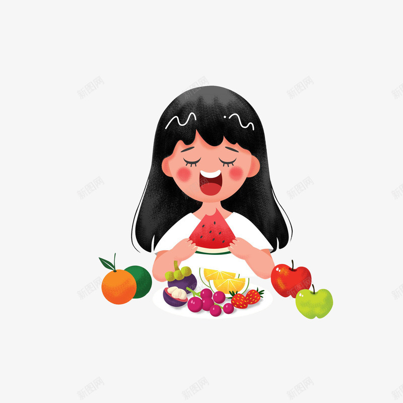 卡通吃水果的女孩png免抠素材_88icon https://88icon.com 卡通女孩 卡通插画 吃水果女孩 孩子吃水果 山竹 橙子 水果 草莓 西瓜