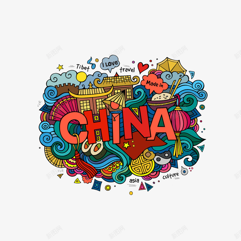 中国元素插画png免抠素材_88icon https://88icon.com 中国风 五星红旗 手绘花纹 长城 长城卡通