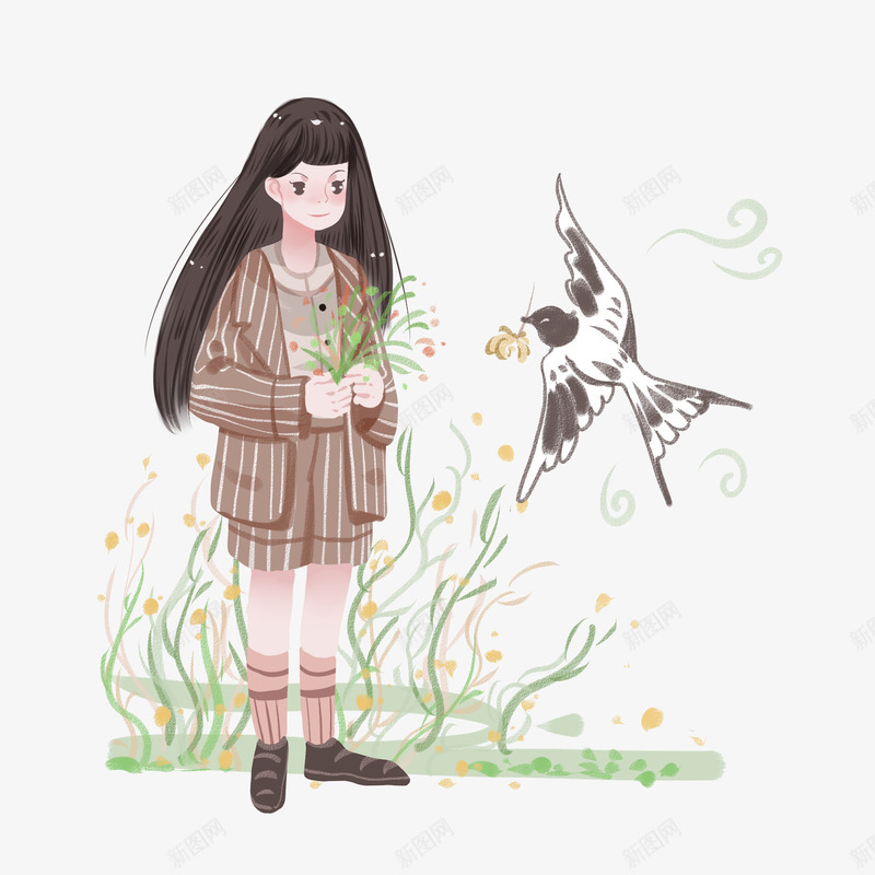 小清新女孩春天png免抠素材_88icon https://88icon.com 女孩 手绘 插画 春分 春天