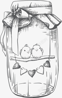 情人节小鸟手绘黑白玻璃瓶装饰图案高清图片