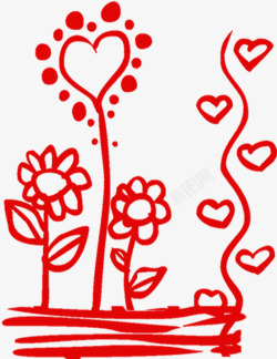 红色蜡笔画花朵七夕情人节素材