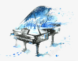 优秀插画作品蓝色水墨艺术钢琴插画高清图片