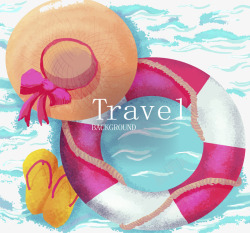 水彩绘海上太阳帽和游泳圈矢量图素材
