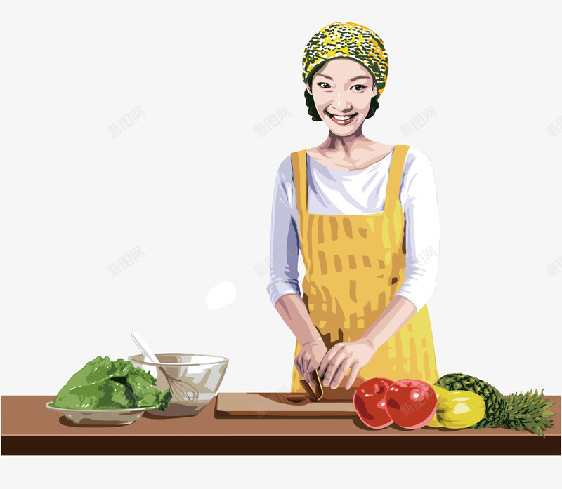 正在做饭的女生png免抠素材_88icon https://88icon.com 绿色 美丽的女生 菠萝 蔬菜水果 黄围裙