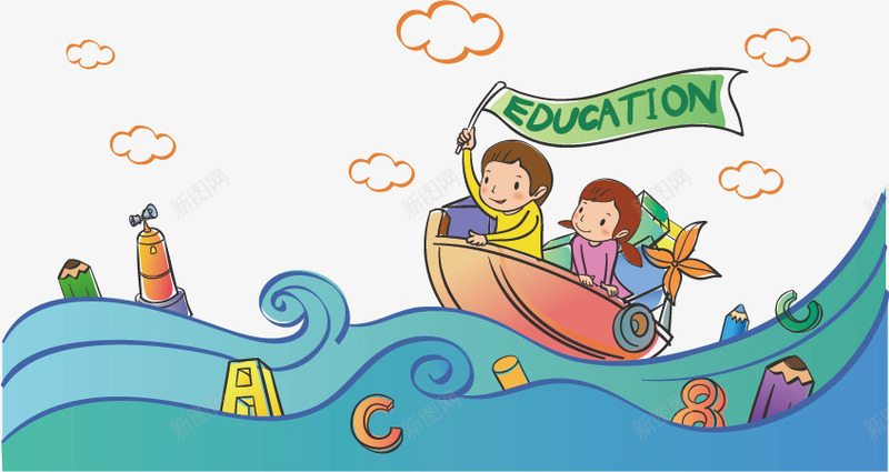 儿童插画png免抠素材_88icon https://88icon.com 儿童 卡通 字母 小船 彩色 手绘 插图插画 教育海报背景 教育素材 海洋 知识海洋