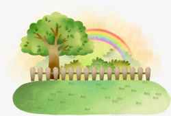 手绘绿树彩虹卡通素材