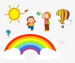七色气球跑向彩虹的男孩高清图片