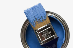 蓝色油漆桶和沾着油漆的刷子素材