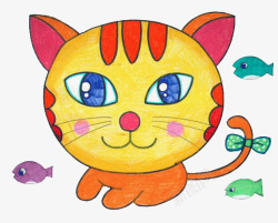 手绘儿童画之猫咪与小鱼素材