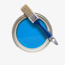 装满蓝色油漆的金属罐子和毛刷实素材