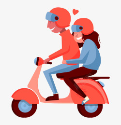 骑电动车情侣手绘卡通骑摩托车情侣高清图片