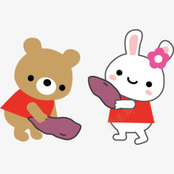卡通小兔子和小熊拿着红薯插画免素材