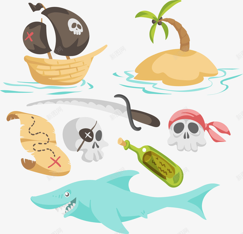 创意卡通海盗元素插画矢量图ai免抠素材_88icon https://88icon.com 刀 地图 大海 岛屿 棕榈树 海盗船 漂流瓶 藏宝图 骷髅头 鲨鱼 矢量图