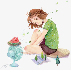 吹风扇吃西瓜惬意生活插画素材