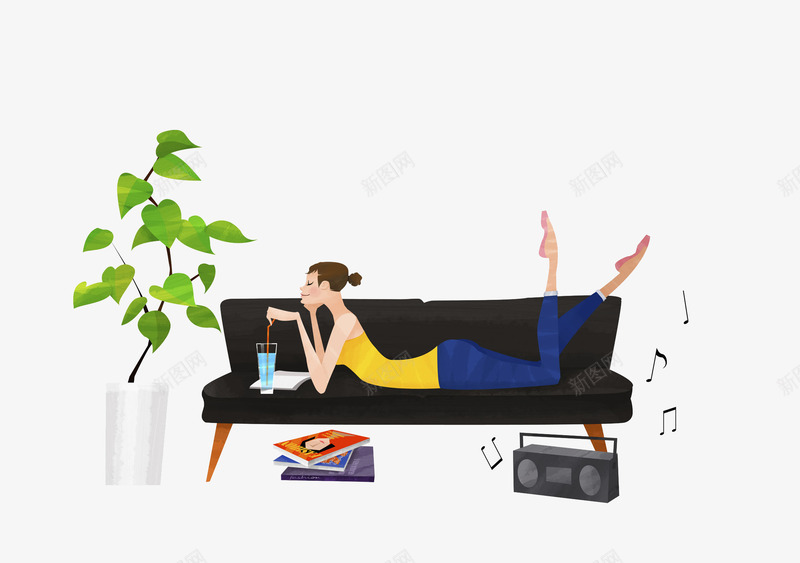 手绘在沙发上听音乐的女孩png免抠素材_88icon https://88icon.com 休息 减压 听音乐 女孩 娱乐 放松 植物 沙发