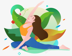 绿色长发美女彩色创意瑜伽锻炼卡通插画高清图片