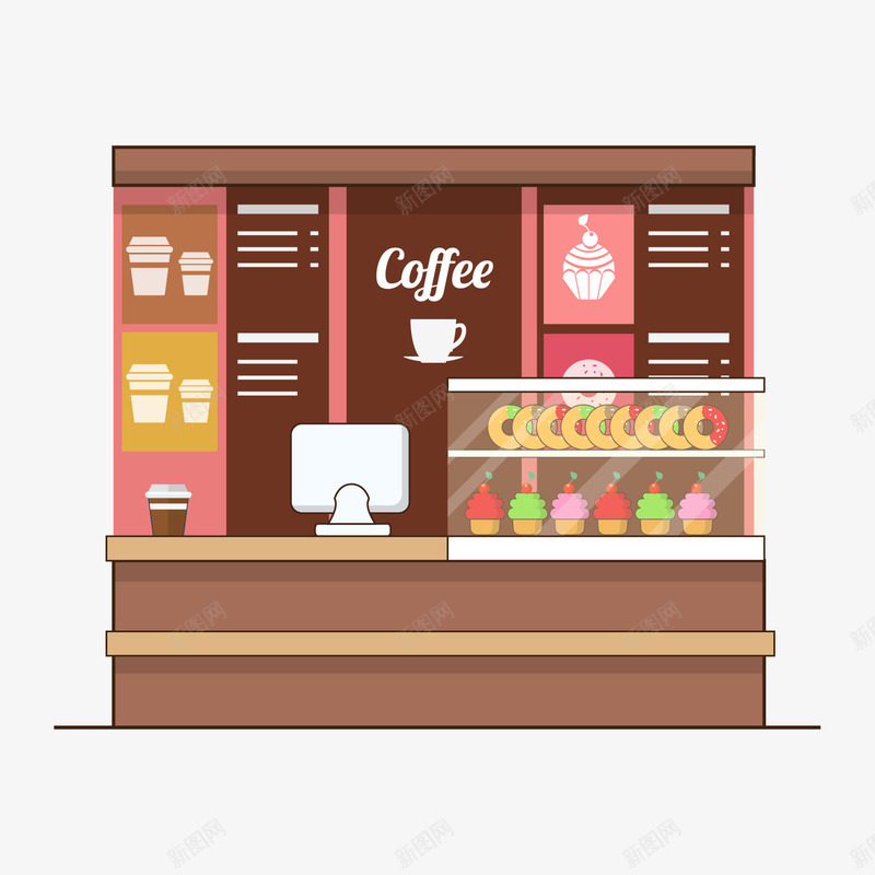 简约手绘咖啡甜品店装饰插画矢量图ai免抠素材_88icon https://88icon.com 卡通店铺 咖啡甜品店 店铺收银台 店铺装修 手绘 门店 矢量图