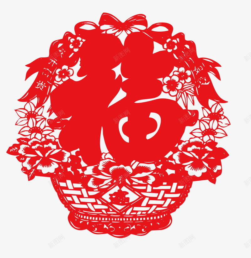 福字剪纸花篮png免抠素材_88icon https://88icon.com 中国风 剪纸 福字 红色 花篮