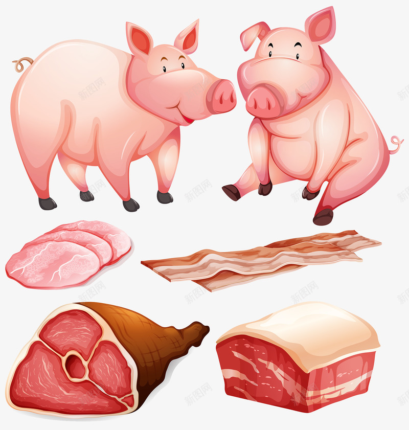 卡通猪和猪肉火腿png免抠素材_88icon https://88icon.com AE 健康猪肉 儿童插画 卡通 手绘 水彩 猪 猪肉 猪肉分类 百科全书插画 矢量文件 肉类