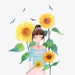 黄色卡通手绘向日葵女孩插画素材
