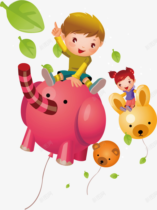 创意卡通png免抠素材_88icon https://88icon.com 儿童 儿童读物插画 充满活力的小朋友 创意卡通 大象 孩子 小熊 彩色手绘 树叶 气球 飞行