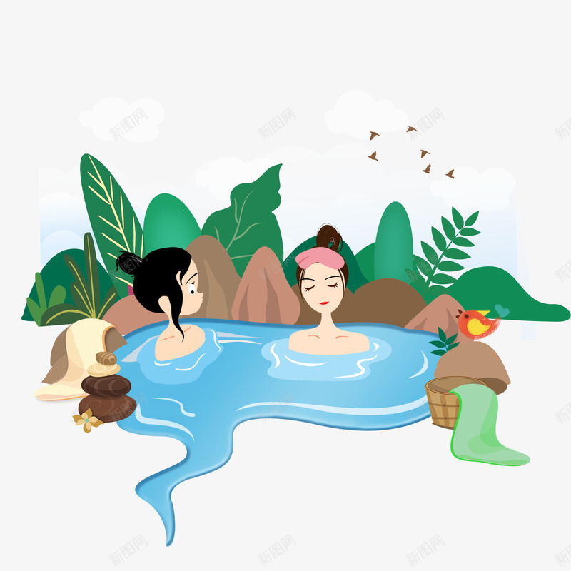 手绘泡温泉的女孩png免抠素材_88icon https://88icon.com 卡通手绘 叶子 女孩 小清新 树叶 水彩 泡汤 温泉 温泉景色 绿色