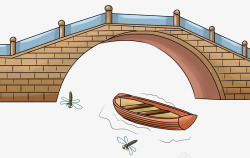手绘拱桥小船插画素材
