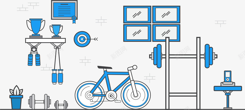 个人家庭健身房png免抠素材_88icon https://88icon.com 体育锻炼 健身 哑铃 矢量素材 自行车