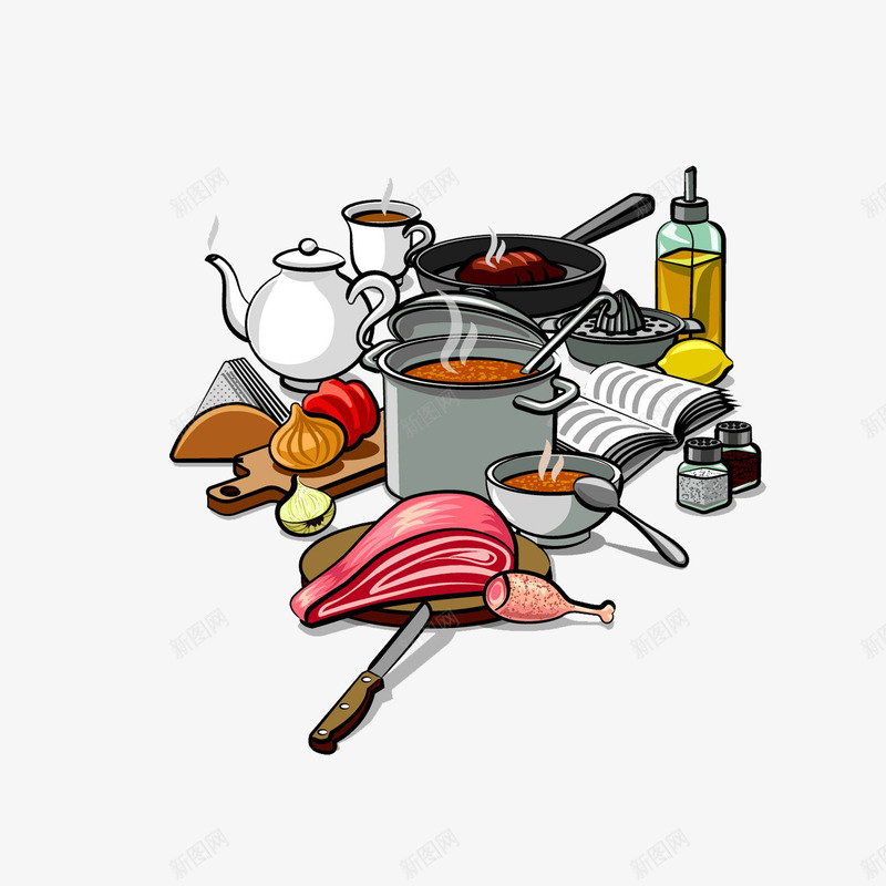 手绘食物合集png免抠素材_88icon https://88icon.com 料酒 油 肉类 锅