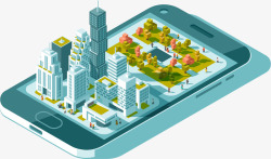 手绘手机开发25d立体手机城市建筑插画装饰矢量图高清图片