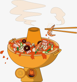 铜火锅矢量元素手绘卡通传统铜火锅海鲜火锅高清图片