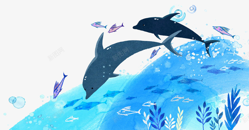 蓝色渐变海洋海豚元素png免抠素材_88icon https://88icon.com 卡通插画 圆弧 水草 海洋 渐变 生物 纹理 蓝色