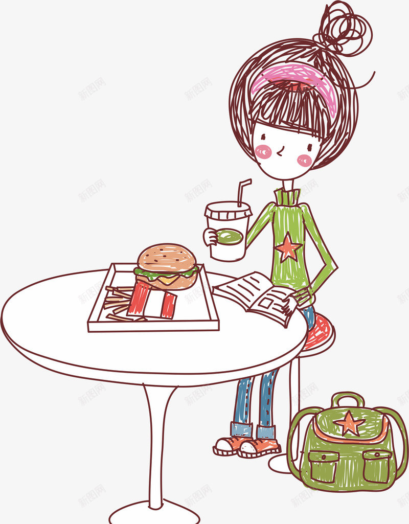 吃汉堡喝饮料的女孩矢量图ai免抠素材_88icon https://88icon.com 卡通人物 吃东西的人 插画 水彩 薯条 矢量图