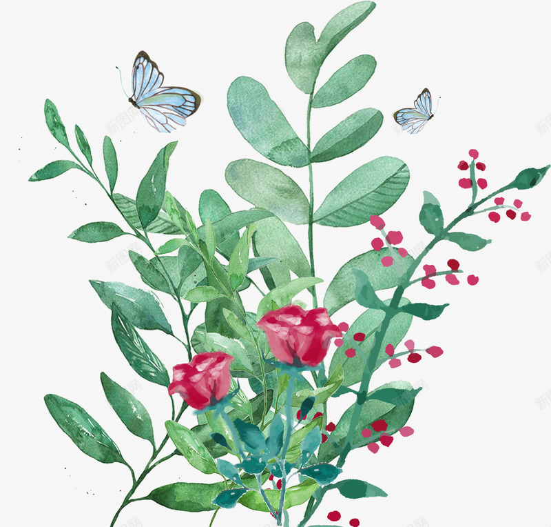 装饰手绘绿植插画psd免抠素材_88icon https://88icon.com 手绘插画 春天 植物 绿植 蝴蝶 装饰图案 鲜花