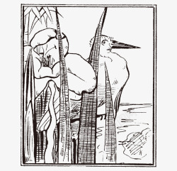 黑白线条竹子鸟水草图案素材