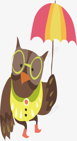 猫头鹰打伞森林动物卡通插画矢量图素材