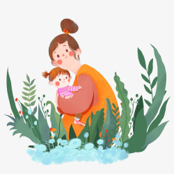 母子散步矢量插画手绘母子插画元素图高清图片