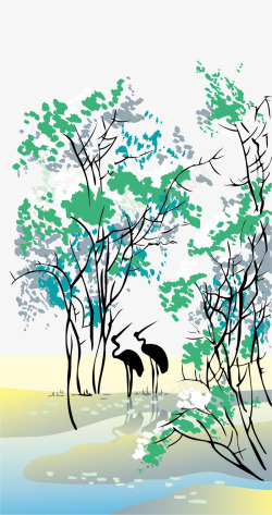 枯树繁枝超美日本插画风风景装饰画矢量图高清图片