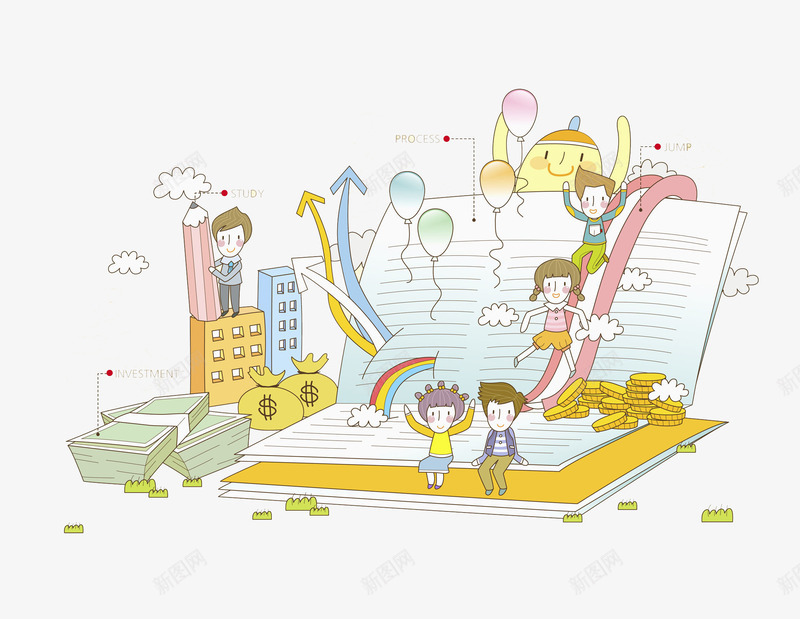 学校学生png免抠素材_88icon https://88icon.com 卡通人物 卡通手绘 彩虹 气球 水彩画 肖像画 装饰图案