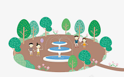手绘风公园儿童喷泉图素材