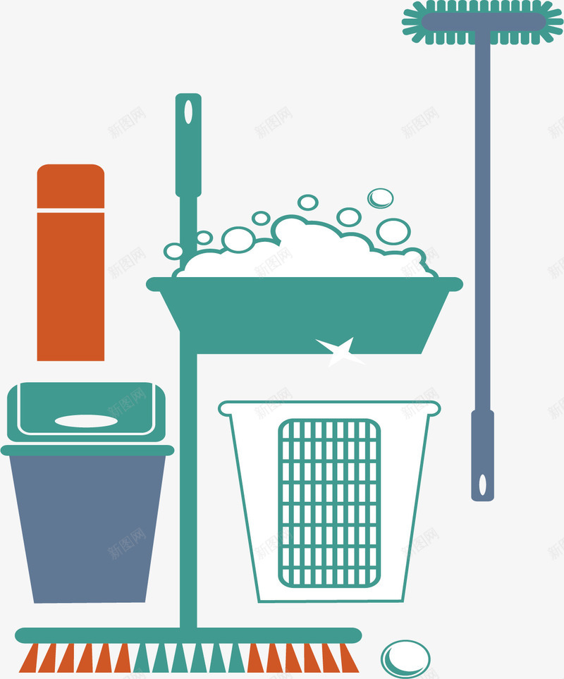 垃圾桶水盆矢量图eps免抠素材_88icon https://88icon.com 垃圾桶 大扫除 扫帚 水盆 泡沫 矢量素材 除尘 鸡毛掸子 矢量图