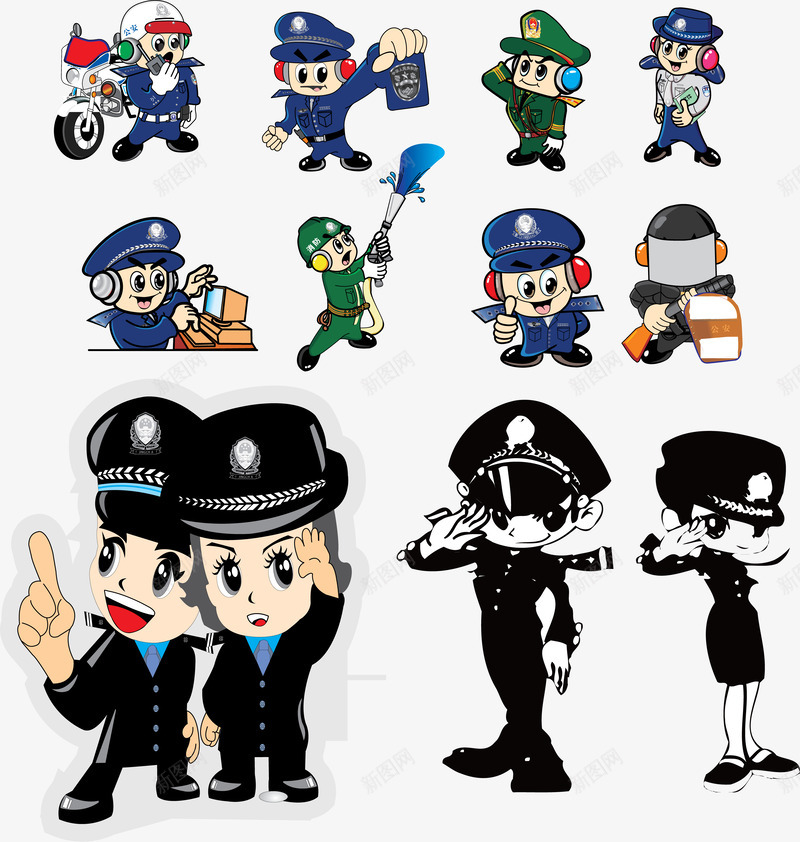 卡通警察合集矢量图ai免抠素材_88icon https://88icon.com 卡通 卡通消防员救援 可爱 巡警 消防员 矢量图 警察