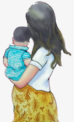 抱橄榄球的男孩手绘人物插图母亲节妈妈抱着小男高清图片