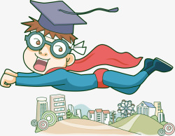 卡通学士超人飞在学校上空素材