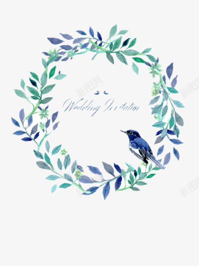 小清新婚庆邀请函png免抠素材_88icon https://88icon.com 典雅 婚礼 小鸟 文本邀请函 浪漫 精美花环 结婚 花鸟 蓝紫色调 请柬装饰图案 邀请函