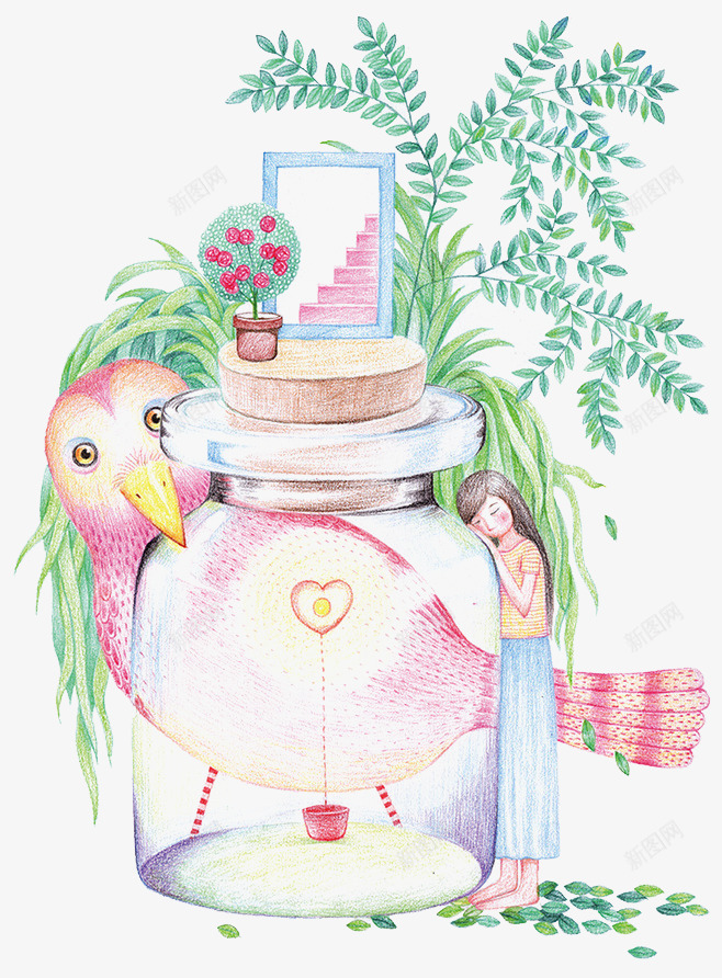 小清新插画png免抠素材_88icon https://88icon.com 叶子 小女孩 插画 植物 玻璃瓶子 粉色小鸟