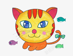 卡通手绘猫咪和小鱼素材