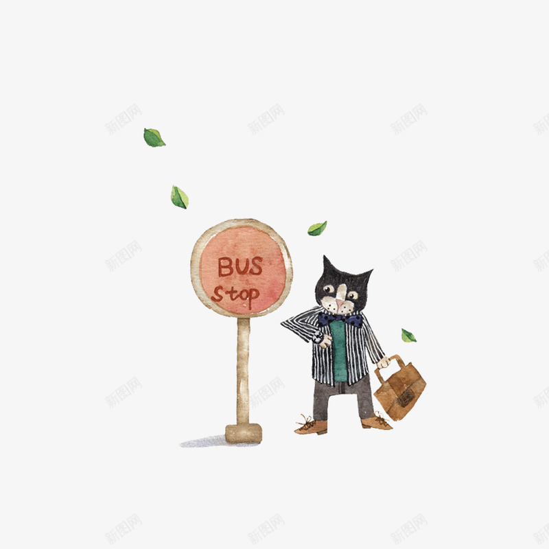 卡通小猫等公交png免抠素材_88icon https://88icon.com 公交站 卡通小猫 去上班 看时间 等公交 赶时间