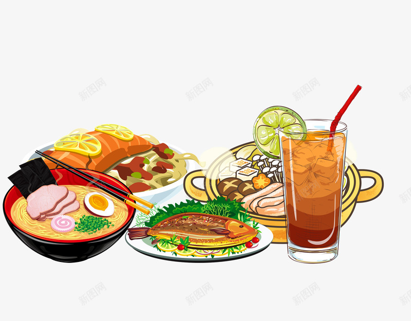 手绘美食饮料插画psd免抠素材_88icon https://88icon.com 家常菜 手绘 插画 海报 碗筷 美食 餐馆 饮料