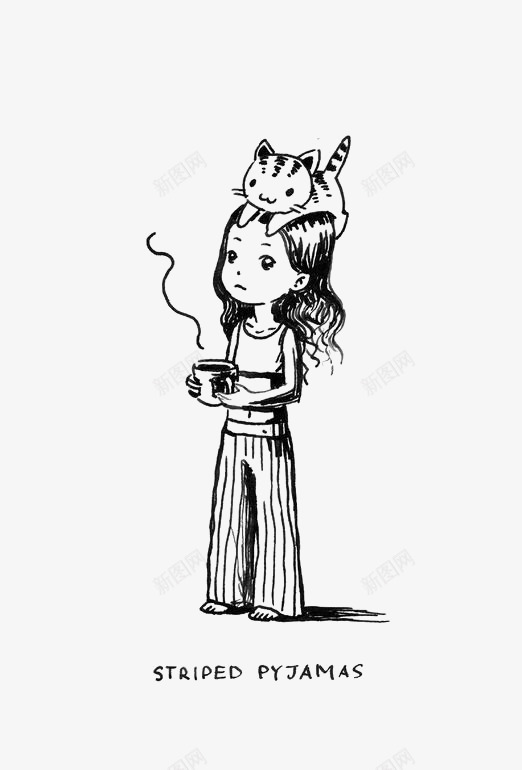 卡通女孩png免抠素材_88icon https://88icon.com 女孩插画 手绘女孩 热咖啡 猫咪 素描